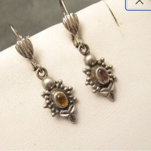Sterling Silver Dangly Earrings Yellow Stone Vintage